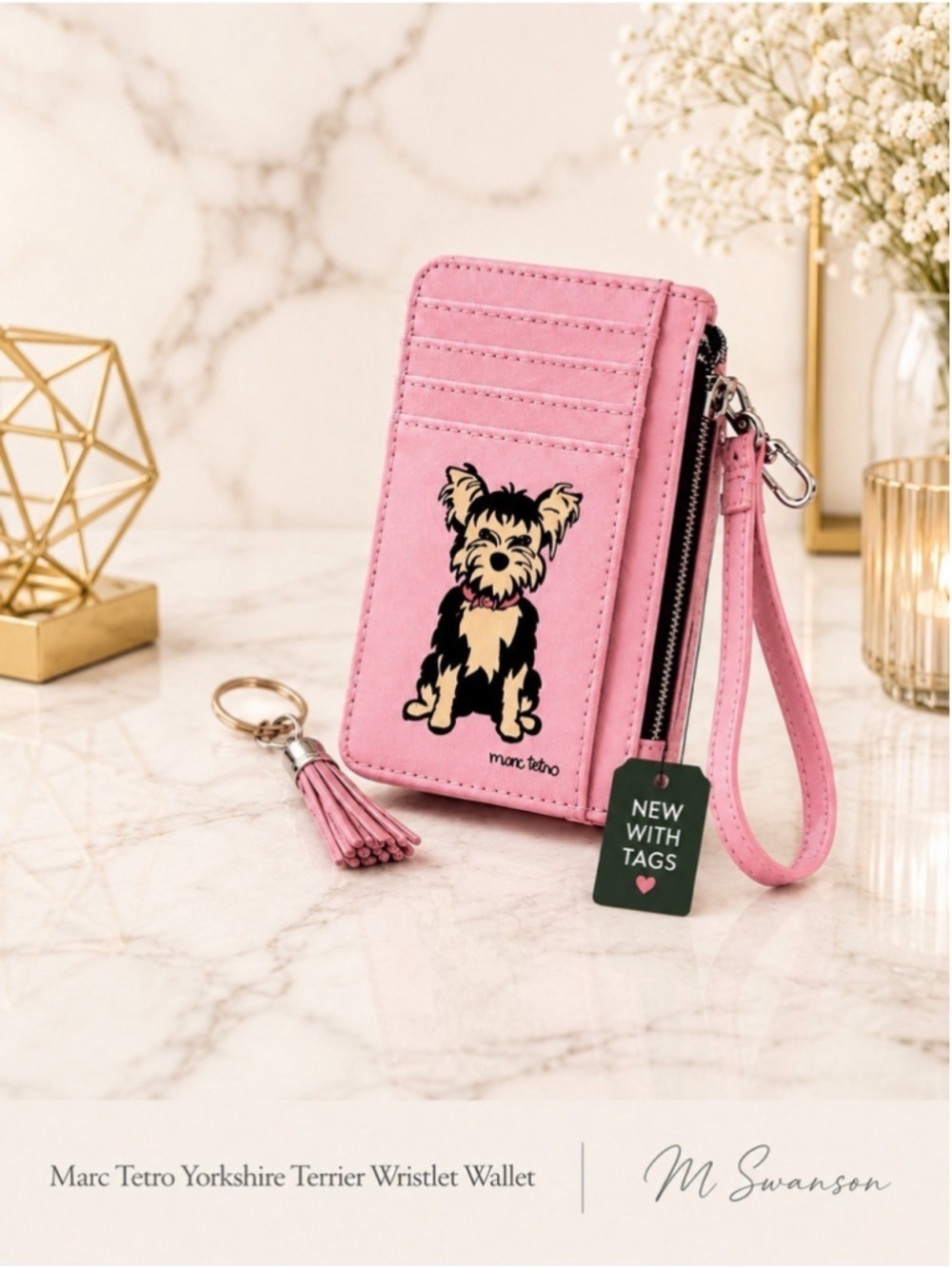 NEW Marc Tetro Yorkie Pink Wristlet Wallet Card Holder NWT